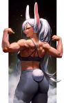  166_172 1girl alternate_costume animal_ears ass back bare_shoulders biceps boku_no_hero_academia breasts clenched_hands commentary criss-cross_back-straps dark-skinned_female dark_skin english_commentary flexing from_behind grey_pants grey_sports_bra hair_between_eyes hand_up highres large_breasts long_eyelashes long_hair looking_at_viewer looking_back median_furrow mirko muscular muscular_female pants pillarboxed ponytail rabbit_ears rabbit_girl rabbit_tail red_eyes shoulder_blades smile solo sports_bra steaming_body sweat tail tail_through_clothes thighs very_long_hair white_hair yoga_pants 