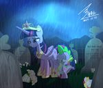  2015 bluse crown crying dragon equine female flower friendship_is_magic gold grave green_eyes headstone horn mammal mountain my_little_pony necklace outside plant purple_eyes raining slit_pupils spike_(mlp) tears tombstone twilight_sparkle_(mlp) upset winged_unicorn wings 