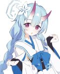  1girl :o aqua_hair blue_archive blush braid chise_(blue_archive) detached_sleeves flower hair_between_eyes hair_flower hair_ornament halo horns japanese_clothes long_hair oni parted_lips purple_eyes simple_background solo twin_braids upper_body white_background white_flower ymm007xx 