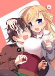  !? 1boy 1girl araragi_ayune artist_name between_breasts blonde_hair blue_eyes blush braid breasts bright_pupils brown_coat brown_eyes brown_hair brown_pantyhose coat collared_shirt commentary_request corset crossed_bangs face_between_breasts green_shorts grey_coat hand_on_another&#039;s_head head_between_breasts heart hetero highres isshiki-san_wa_koi_wo_shiritai. large_breasts long_hair long_sleeves meishi_leland off_shoulder open_mouth pantyhose pantyhose_under_shorts red_corset rinna_milford shirt short_hair shorts spoken_heart swept_bangs upper_body w white_background white_pupils white_shirt 