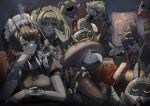  2boys 4girls absurdres alexandrina_sebastiane anastella_(zenless_zone_zero) angry animal_ears apron asymmetrical_bangs bangboo_(zenless_zone_zero) belle_(zenless_zone_zero) black_gloves black_hair black_pantyhose black_vest blue_hair bob_cut bolt_(hardware) bow braid braided_ponytail breasts brick_wall butler butler_(zenless_zone_zero) colored_inner_hair commentary_request corin_wickes couch cup door doorway drusilla_(zenless_zone_zero) duster earrings ellen_joe eous_(zenless_zone_zero) facepalm facial_hair fingerless_gloves fingers_to_mouth fins fish_tail frilled_wristband frills furrowed_brow furry furry_male gloves green_eyes green_hair grey_hair hair_between_eyes hair_ornament hairband hairpin head_rest highres holding holding_duster holding_with_tail jacket jewelry large_breasts long_hair lying maid maid_apron maid_headdress medium_breasts medium_hair metal_hairband mug multicolored_hair multiple_boys multiple_girls mustache on_couch on_side one-eyed open_clothes open_door open_jacket orange_scarf pantyhose pillow pocket_watch pointing pointing_at_another prehensile_tail puffy_short_sleeves puffy_sleeves rabbit_ears red_eyes red_hair scarf screw_hair_ornament shark_girl shark_tail shirt short_hair short_sleeves short_twintails sign small_breasts spiked_headband sweatdrop t-shirt tail twintails user_rcdx3723 vest von_lycaon watch white_bow white_fur white_hair wise_(zenless_zone_zero) zenless_zone_zero 