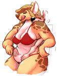  anthro big_breasts big_dom_small_sub bikini blue_eyes blush breasts canine chubby clothed clothing couple dog female fur hair hyena interspecies jinash larger_female male mammal plain_background sitting size_difference skimpy smaller_male smile straight swimsuit tongue tongue_out 