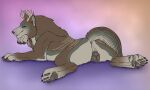  animal_genitalia animal_vulva black_nose blue_markings brown_body brown_fur canid canine canine_genitalia canine_vulva cheek_tuft facial_tuft female female_feral feral fur genitals gradient_background grey_anus grey_body grey_fur grey_markings grey_stripes grey_vulva hi_res hybrid killthe_demon leg_tuft looking_at_viewer lying mammal markings narrowed_eyes on_front simple_background solo striped_back stripes tuft vulva 