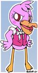  abstract_background animal_crossing avian bird cartoon clothing cute eyelashes female lipstick makeup neonlink nintendo open_mouth pelican phyllis pink_feathers red_eyes solo style tongue video_games 