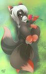  &lt;3 2015 ambiguous_gender anthro black_fur brown_eyes canine chest_tuft curled_up cute detailed_background flower fox fur grass hair holding looking_at_viewer mammal multiple_tails pink_nose plant rose rudragon shadow smelling solo tuft valerius white_hair 
