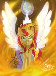  2014 blonde_hair bluse crown equestria_girls equine evil_look female fire glowing hair horn looking_at_viewer mammal mirror my_little_pony red_hair solo sunset_shimmer_(eg) translucent two_tone_hair unicorn winged_unicorn wings 