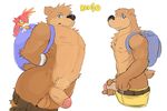  anthro backpack balls banjo-kazooie banjo_(banjo-kazooie) bear blue_eyes breegull clothing erection gagged green_eyes hands_tied kazooie male mammal necklace nipples pants pants_down penis size_difference tooth_necklace unknown_artist_(artist) vein wide_hips 