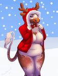  2015 anthro areola bell big_breasts blue_eyes bovine bow breasts brown_fur cattle chubby female fur hoodie looking_at_viewer mammal navel nipples outside revadiehard smile snow snowing solo standing thick_thighs white_fur 
