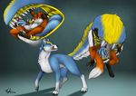  anthro balls black_nose blue_eyes blue_fur brown_fur canine claws cutaway duo feral fox fur licking licking_lips male mammal markings paws penis saliva shadow sheath simple_background tail_mouth tail_vore tongue tongue_out vore white_fur yellow_eyes yellow_fur 