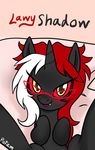  bat_pony black_body blush darkpotzm equine eyewear fan_character fangs female feral hair horn lawyshadow lying mammal my_little_pony on_back red_hair solo two_tone_hair unicorn white_hair 