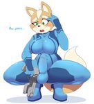  2015 acstlu anthro balls blush bulge canine dickgirl english_text fox fox_mccloud green_eyes gun intersex mammal nintendo penis pistol ranged_weapon solo star_fox suit text video_games vpl weapon zero_suit zero_suit_fox 