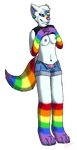  2015 anthro breasts canine chroma clothed clothing female jolteonkitty mammal nipples panties piercing rainbow shirt shorts solo tank_top tongue underwear wolf 