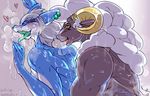 &lt;3 against_wall anthro blush caprine curved_horns dragon duo ear_piercing gay green_eyes hair horizontal_pupils horn looking_back male mammal muscles open_mouth piercing sasamix sheep steam sweat tears white_hair yellow_eyes 