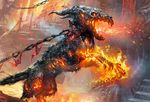  ambiguous_gender architecture banner canine chain collar elemental feral fire fire_breathing glowing glowing_eyes horn magic_the_gathering mammal official_art open_mouth quadruped rearing ryan_barger snarling solo 