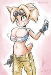  belly big_breasts blush breast_expansion breasts cleavage clothed clothing coco_bandicoot crash_bandicoot crash_bandicoot_(series) dullvivid eyewear fangs female gloves goggles huge_breasts looking_at_viewer pants ponytail solo video_games 