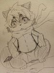  ambiguous_gender big_eyes clothed clothing crouching eyebrows hair half-dressed kemono looking_at_viewer monochrome nipples plain_background scarf sirotae_konnta sketch solo topless underwear weapon young 