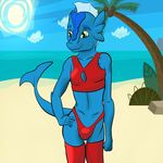 anthro blue_scales bulge clothing dragon girly legwear male scalie shirt solo swimsuit tank_top thigh_highs titankore 