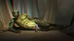  3d anaglyph anthro green_skin lizard looking_at_viewer lying male on_side penis poser reptile reptilian scalie solo stereogram wooky 