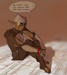  2015 armor clothed clothing dialogue dragon_age elf fenris_(dragon_age) finnish_text green_eyes hair half-closed_eyes humanoid male mutisija not_furry pointy_ears simple_background sitting solo speech_bubble tattoo white_hair 