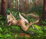  anthro blonde_hair blueberry braided_hair butt cervine deer eating female forest hair hooves kajari looking_at_viewer looking_back lying mammal mane nature nude on_front outside pussy solo tree 