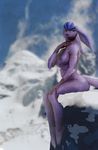  2015 anthro barefoot blue_eyes breasts butt canine claws eeveelution eyelashes female fur glaceon hattonslayden humanoid mammal nintendo nipples nude outside pok&eacute;mon purple_fur sitting smile snow solo toes video_games winter 