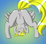  anus blonde_hair clitoris derpy_hooves_(mlp) digital_media_(artwork) dock equine feathers female friendship_is_magic fur grey_fur hair hooves j4ck69 long_hair looking_at_viewer mammal my_little_pony open_mouth pegasus presenting puffy_anus pussy raised_tail smile solo upside_down wings yellow_eyes 