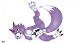  anthro balls bandai cute_fangs digimon dorumon dripping erection grin looking_at_viewer lying male mammal mushroom_head on_side one_leg_up partially_retracted_foreskin penis plain_background seyrmo signature solo uncut vein veiny_penis white_background 