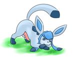  animal_genitalia ass_up balls black_nose blue_eyes canine canine_penis cum eeveelution glaceon grass knot kyoushiro looking_at_viewer male mammal nintendo penis plain_background pok&eacute;mon raised_tail smile solo video_games white_background 