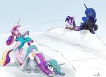  2015 blue_hair clothing cutie_mark equine female feral friendship_is_magic group hair horn jacket long_hair mammal multicolored_hair my_little_pony outside princess_cadance_(mlp) princess_celestia_(mlp) princess_luna_(mlp) purple_eyes scarf shirt sibling silfoe smile snow snowball sweater twilight_sparkle_(mlp) winged_unicorn wings winter 