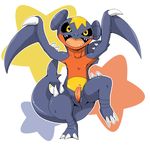  2014 animal_genitalia anus black_sclera blush censored doneru erection feral front_view garchomp genital_slit ineffective_censorship looking_at_viewer male nintendo on_one_leg open_mouth penis pok&eacute;mon raised_arm sharp_teeth slit solo spikes teeth video_games yellow_eyes 