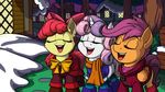  2014 apple_bloom_(mlp) boots bow caroling clothing equine eyes_closed female friendship_is_magic group hair hoodie horn horse house latecustomer mammal my_little_pony outside pegasus pink_hair pony purple_hair red_hair scarf scootaloo_(mlp) singing snow sweetie_belle_(mlp) two_tone_hair unicorn wings 