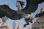  2011 ambiguous_gender city cityscape dutch_angle equine feral flying hooves low-angle_shot magic_the_gathering mammal official_art pegasus quadruped signature sky solo wings winona_nelson 