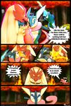  ambiguous_gender amphibian anthro avian blaziken collar comic dialogue digital_media_(artwork) english_text fire greninja hi_res male mega_stone nintendo open_mouth outside pok&eacute;mon redimplight spritzee standing teeth text tongue video_games 