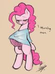  2015 animal_genitalia balls blush bottomless clothed clothing colored dialogue dickgirl earth_pony edit english_text equine erection eyes_closed friendship_is_magic fur hair half-dressed horse horsecock intersex mammal my_little_pony penis pink_fur pink_hair pinkie_pie_(mlp) plain_background pony solo standing starykrow sweat text 