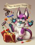 2015 ambiguous_gender anthro big_eyes birthday blue_eyes candy canine collar cute fox fur gift mammal purple_fur silverfox5213 solo templa white_fur 