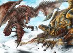  ambiguous_gender black_scales blood blue_scales capcom claws duo feral fight flying gore monster_hunter rathalos red_scales rock scalie snow spikes teeth tigrex tongue tree unknown_artist video_games wings wyvern yellow_scales 