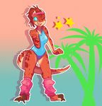  3_toes abstract_background anthro argonian blue_eyes breasts clothing female herny leg_warmers legwear open_mouth scalie solo star swimsuit teeth the_elder_scrolls toes tongue tree video_games 