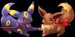  ambiguous_gender black_background blackeevee bow collar duo eevee eeveelution emma_the_eevee feral leash nintendo open_mouth plain_background pok&eacute;mon qwazzy smile umbreon video_games 