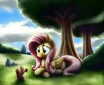  2015 acorn blue_eyes bush cute cutie_mark duo equine female feral fluttershy_(mlp) friendship_is_magic grass hair holding lying mammal my_little_pony otakuap outside pegasus pink_hair rodent squirrel tree wings 