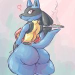  &lt;3 apron big_breasts big_butt blue_fur breasts butt female food fur lucario nintendo plate pok&eacute;mon pose side_boob signirsol smile solo thick_thighs video_games wide_hips 