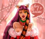  blue_eyes breasts christmas cleo_de_nile cleolei english_text female fusion hair holidays lips looking_at_viewer madammoanster monster_high one_eye_closed purple_hair red_lips solo text toralei_stripe werecat 