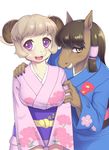  blonde_hair breasts brown_fur brown_hair caprine clothing duo equine female flower fur hair holidays horse japanese_clothing kemono long_hair mammal new_year open_mouth plain_background plant purple_eyes sheep short_hair smile tan_fur white_background yellow_eyes まえのめり 