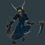  armor belt big_ears black_hair claws clothed clothing death_knight female fluffy fur glowing glowing_eyes grey_fur hair khagra kuromi_elvita_(character) long_hair scythe skull smoke solo succubus undead video_games warcraft warrior weapon world_of_warcraft 