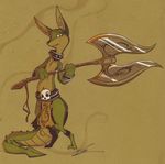  2014 anklet anthro axe battle_axe bracelet clothing collar convincing_weapon digitigrade fur green_eyes green_fur green_scales jewelry kobold loincloth male navel sciencefox skull solo spiked_collar weapon 