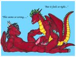  american_dragon:_jake_long anthro black_hair blue_eyes claws dialogue dragon drykath duo english_text erection eye_contact fangs gay hair happy happy_sex horn jake_long knot male nude penis red_body scalie sex shadowpelt smile source_request text western_dragon wings 