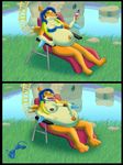  big_belly big_breasts blue_hair breasts cleavage clothed clothing female floatzel food hair ice_cream long_hair navel nintendo nipples overweight pok&eacute;mon video_games 