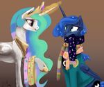  2015 blue_hair clothing cross-eyed cutie_mark duo equine female feral friendship_is_magic frown fur hair horn long_hair magic mammal multicolored_hair my_little_pony princess_celestia_(mlp) princess_luna_(mlp) purple_eyes scarf sibling silfoe sisters smile sweater teal_eyes white_fur winged_unicorn wings 