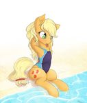  2015 alasou alpha_channel applejack_(mlp) blonde_hair clothing cutie_mark earth_pony equine eyelashes female friendship_is_magic fur green_eyes hair horse loose_hair mammal mouth_hold my_little_pony one-piece_swimsuit orange_fur plain_background pony pool solo swimsuit transparent_background water 