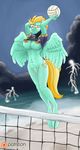  anthro anthrofied bottomless breasts clitoris clothing equine female flying friendship_is_magic lightning lightning_dust_(mlp) mammal my_little_pony nipples patreon pegasus pubes pussy shirt shirt_lift sky smile smudge_proof solo sweat under_boob volleyball wings yellow_eyes 