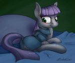  anus bed blush clothing dock dress emberkaese equine female friendship_is_magic fur grey_fur hair hi_res horse long_hair looking_at_viewer looking_back lying mammal maud_pie_(mlp) my_little_pony pony puffy_anus purple_hair pussy rear_view solo teal_eyes torn_clothing 